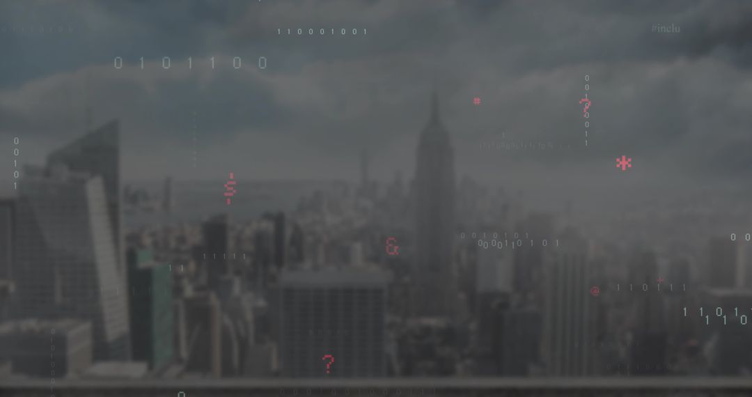 Futuristic Cityscape with Digital Binary Overlay