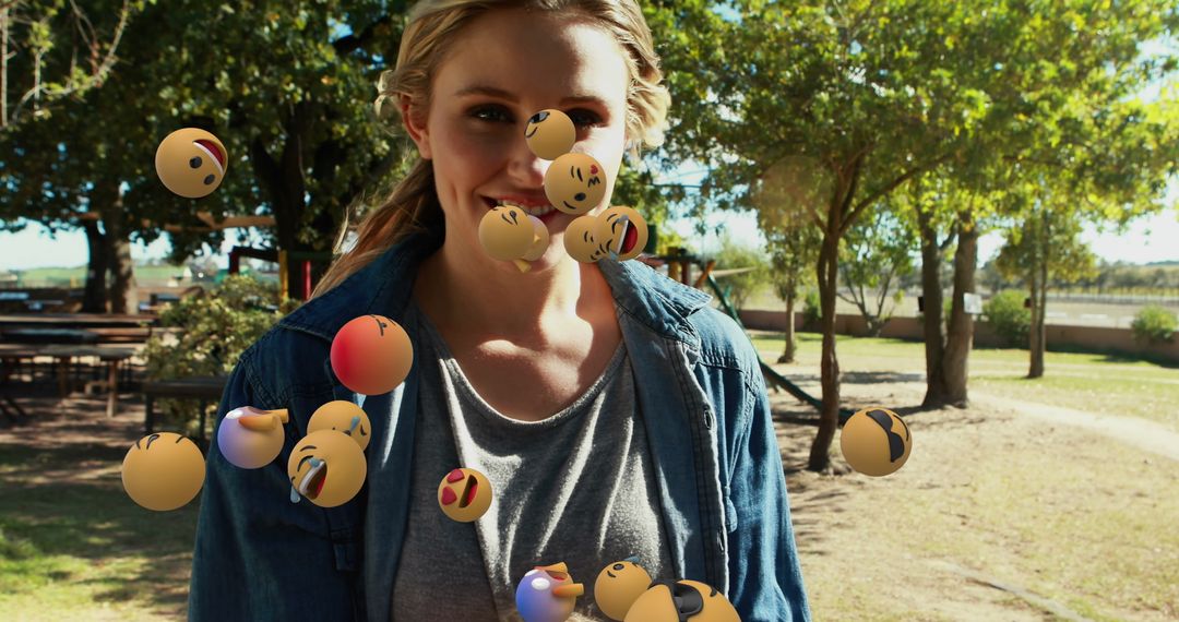 Caucasian Woman Smiling in Park Surrounded by Emojis