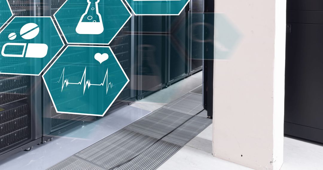 Medical Icons Overlaid on Server Room Representing Health Data Technology