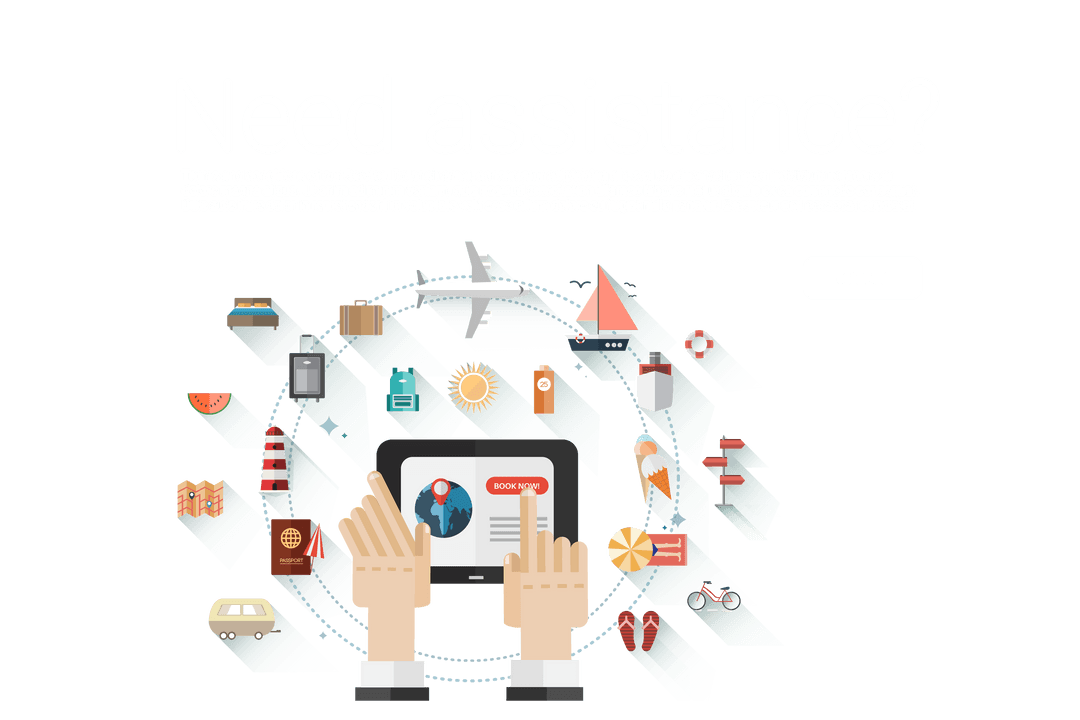 Transparent Travel Icons with Hands Holding Tablet