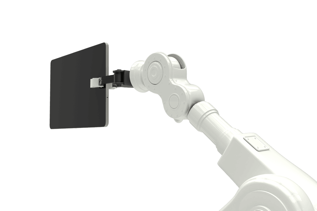 Transparent Industrial Robot Arm Holding Black Tablet