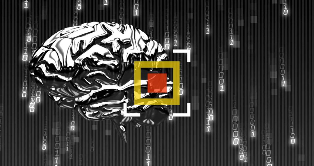 Futuristic Metallic Brain in Binary Data Stream