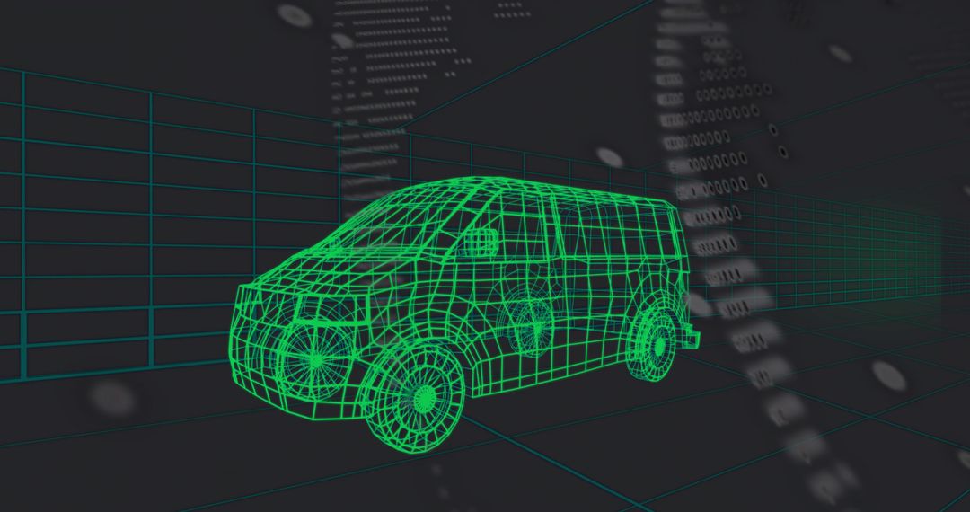 Neon Green Wireframe Cargo Van Hovering Over Grid Showing Digital Data Stream 3D Holographic CAD