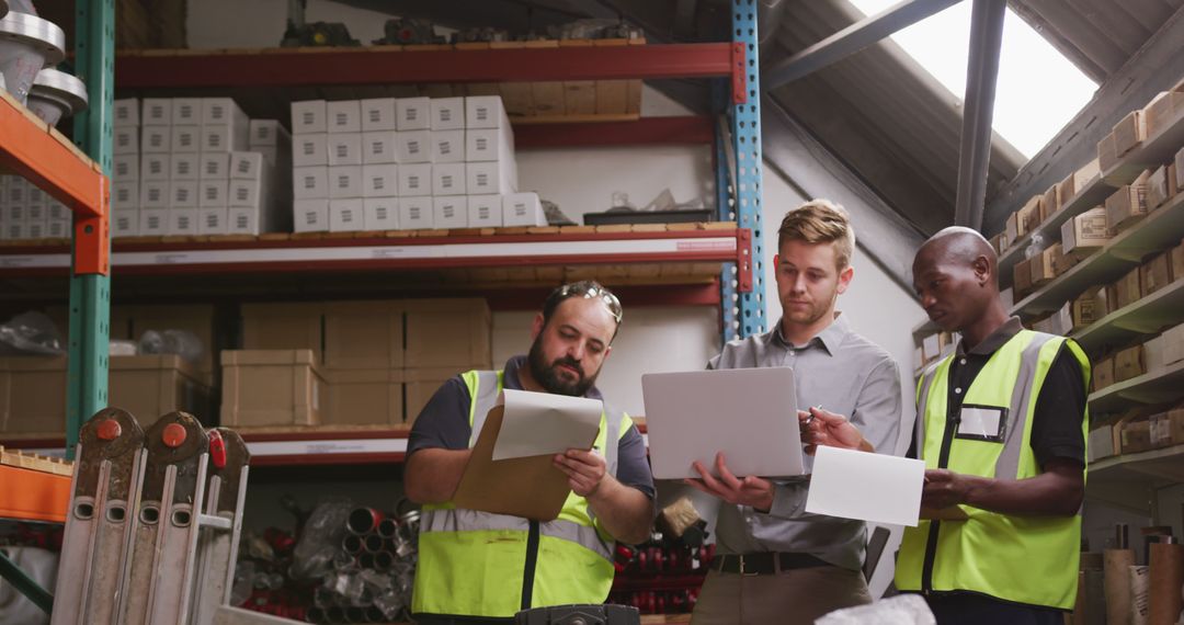 Diverse Male Workers Collaborating in Industrial Warehouse