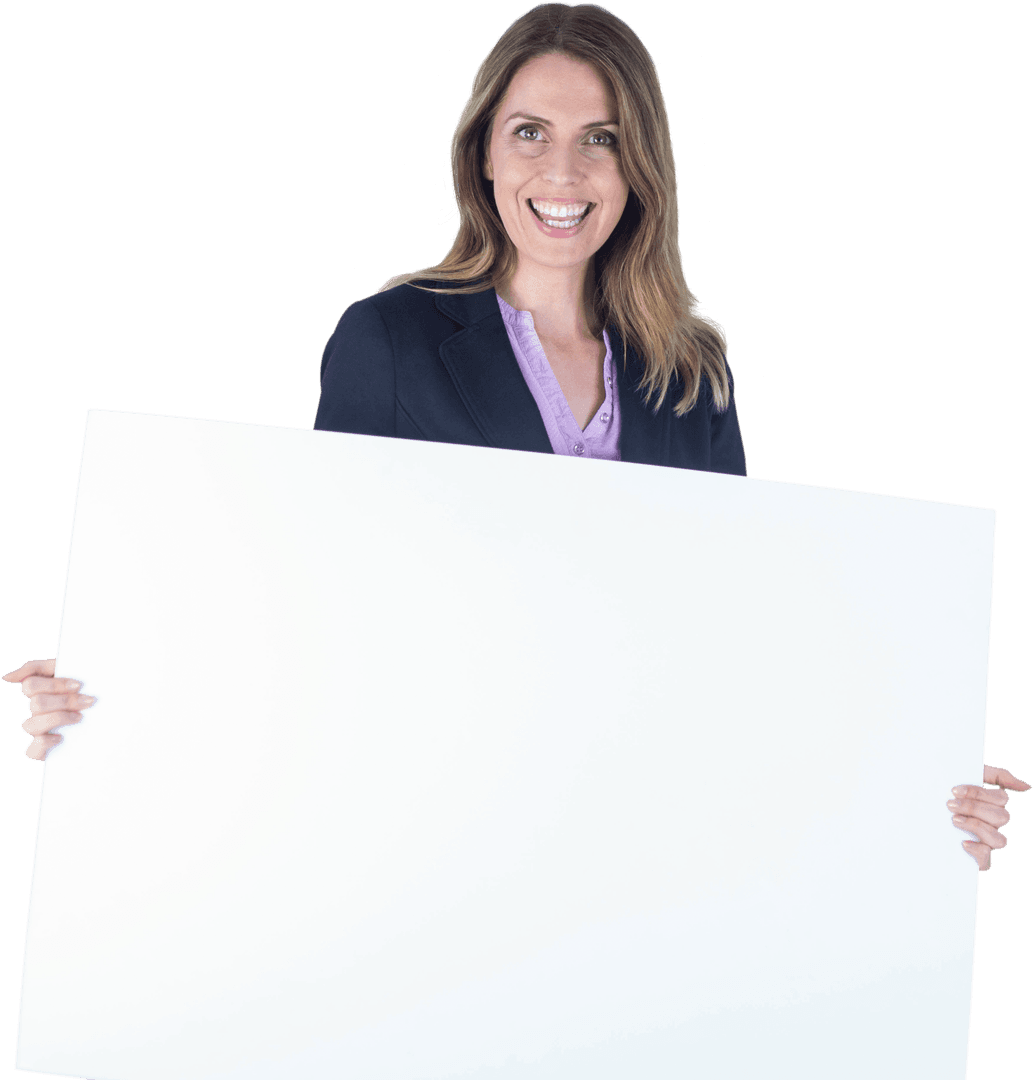 Smiling Woman Holding Blank White Board Transparent Background