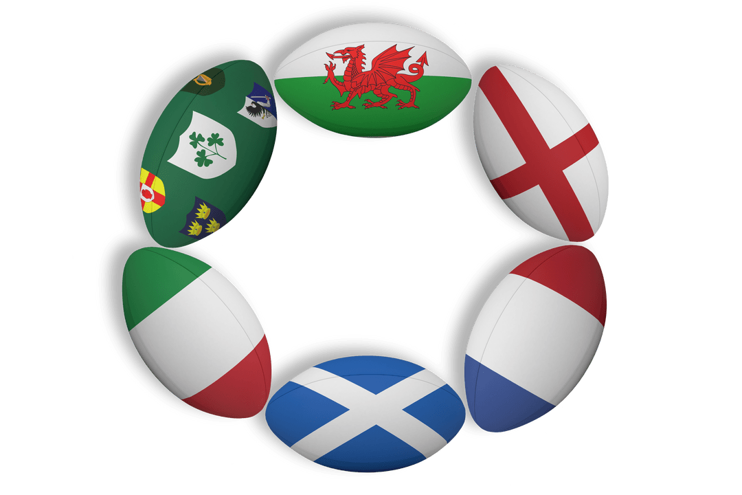Rugby Balls with UK and Ireland Flags on Transparent Background
