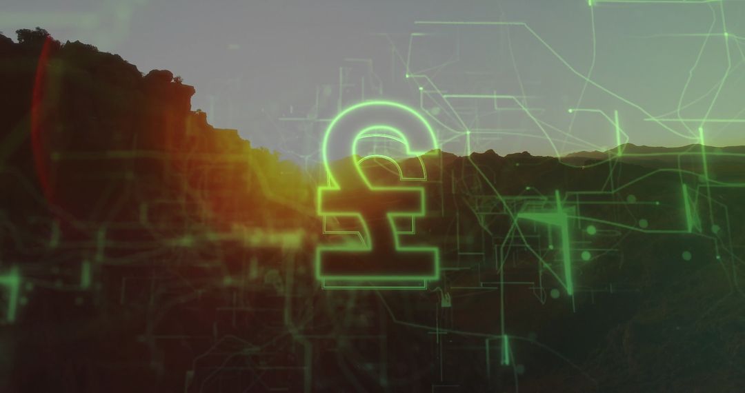 Neon Pound Sterling Symbol Over Canyon at Sunrise with Futuristic Network