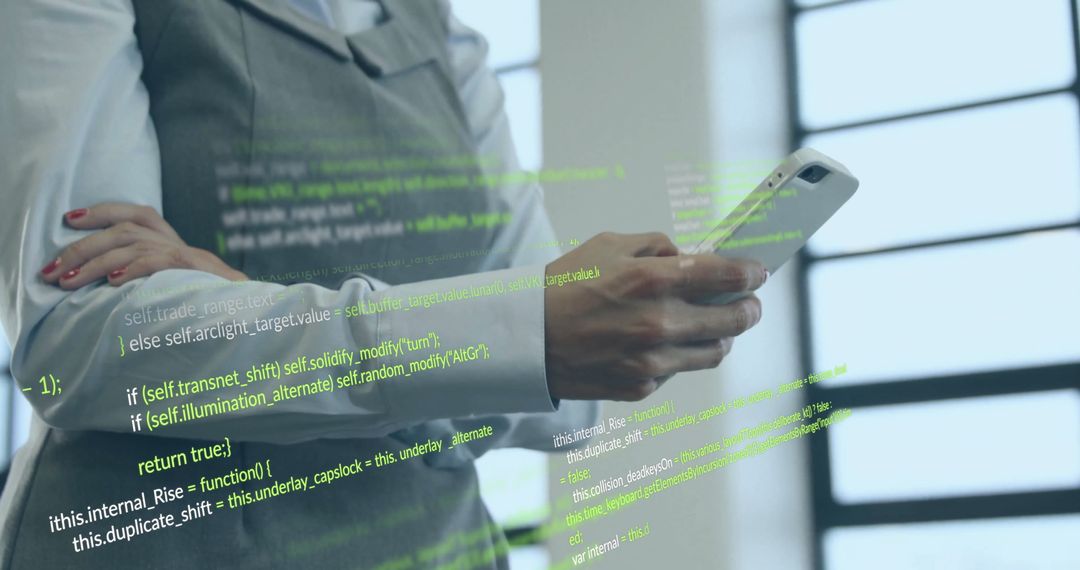 Tech Professional Engaging with Data on Smartphone in Modern Office