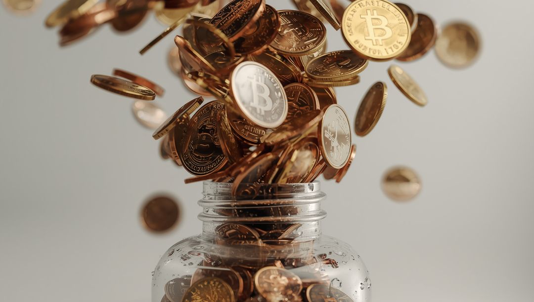 Glass Jar Overflowing with Bitcoin Coins on Grey Background