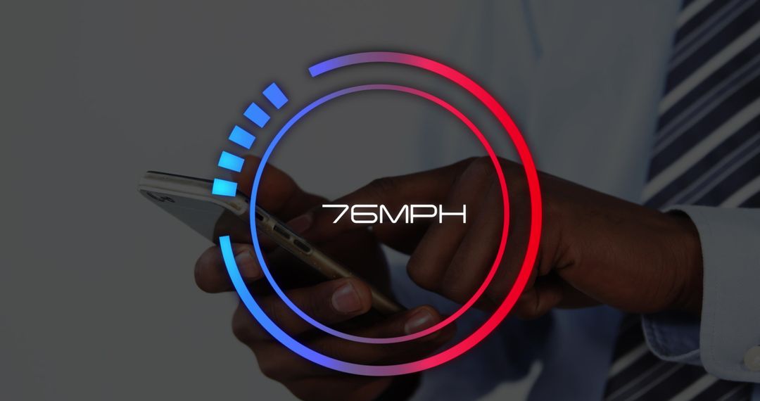 Businessman Using Smartphone with Digital Speed Display Graphic