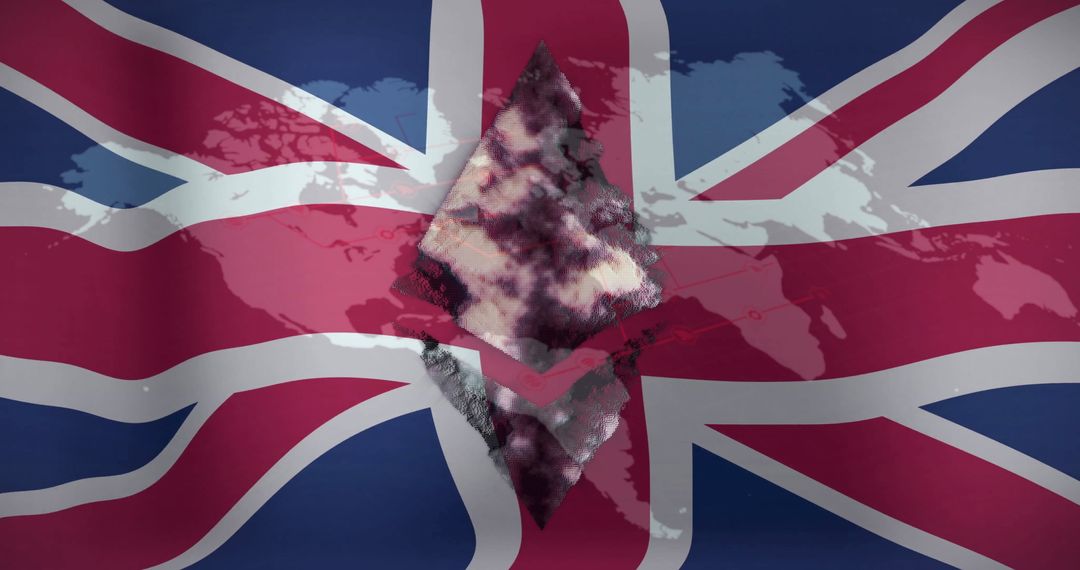 Ethereum Logo on UK Flag with World Map Overlay Digital Currency Concept