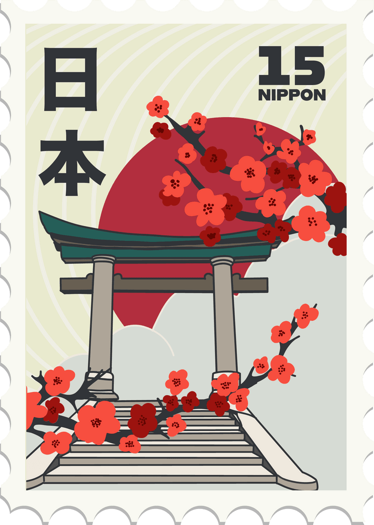 Japanese Torii Gate and Cherry Blossoms Transparent Vector Stamp