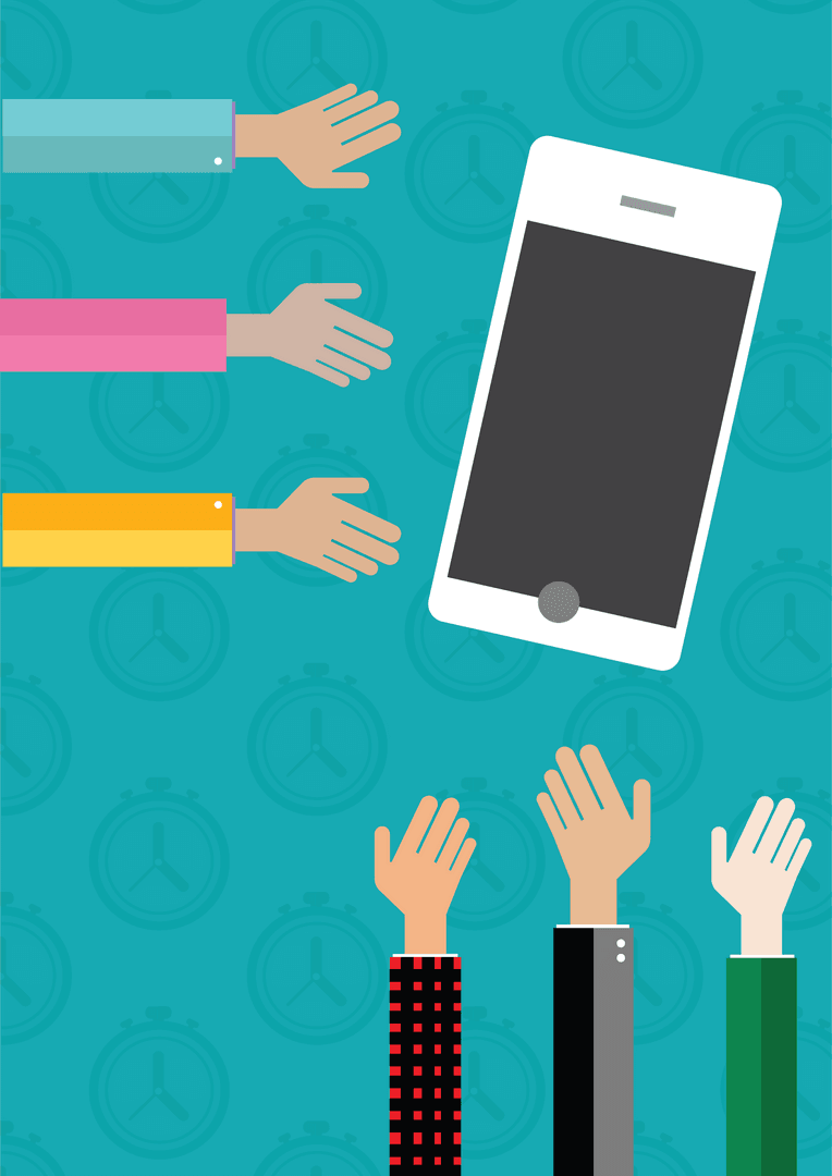 Transparent Illustration of Diverse Hands Reaching for Smartphone