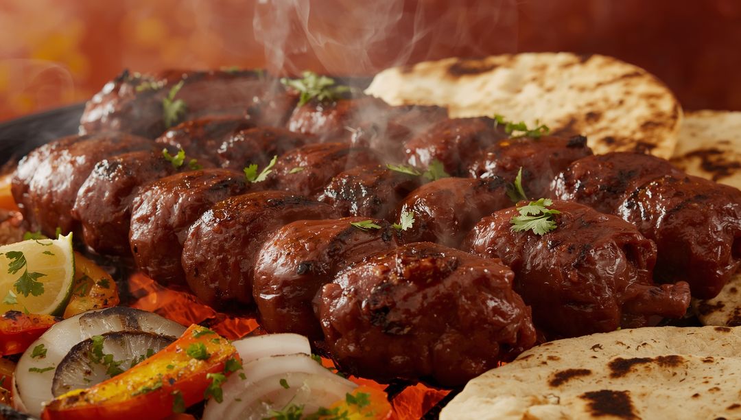 Grilled Meat Kebabs on Skewers with Flatbread and Onions