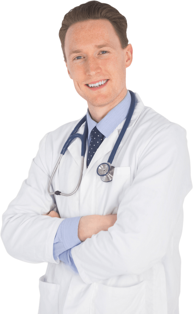 Transparent Smiling Doctor with Stethoscope and Folded Arms