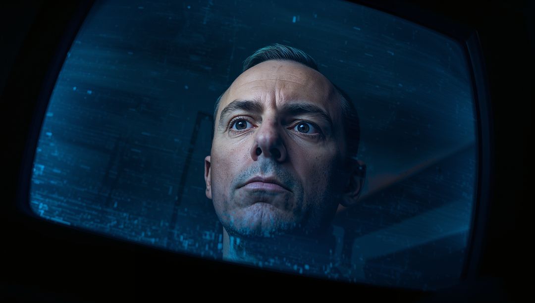 Intense Man Staring into Curved Blue Monitor, Retro Control Compartment Cinematic Portrait