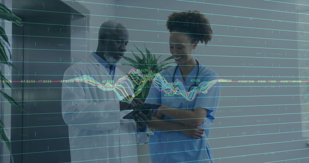 Doctors Analyzing Digital Patient Data on Tablet with Graph Overlay
