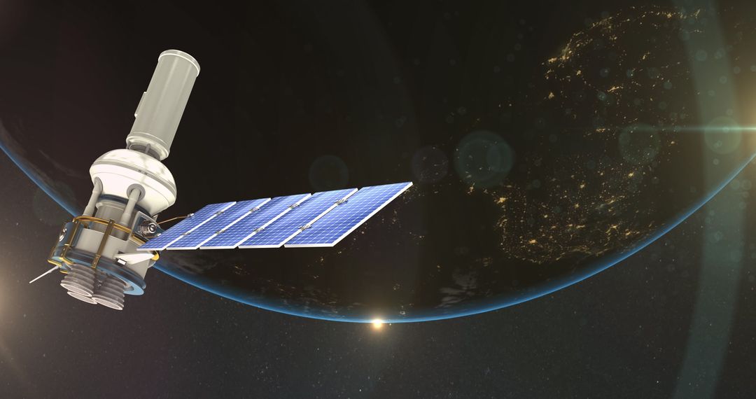 Satellite Orbiting Earth with Glowing City Lights at Night