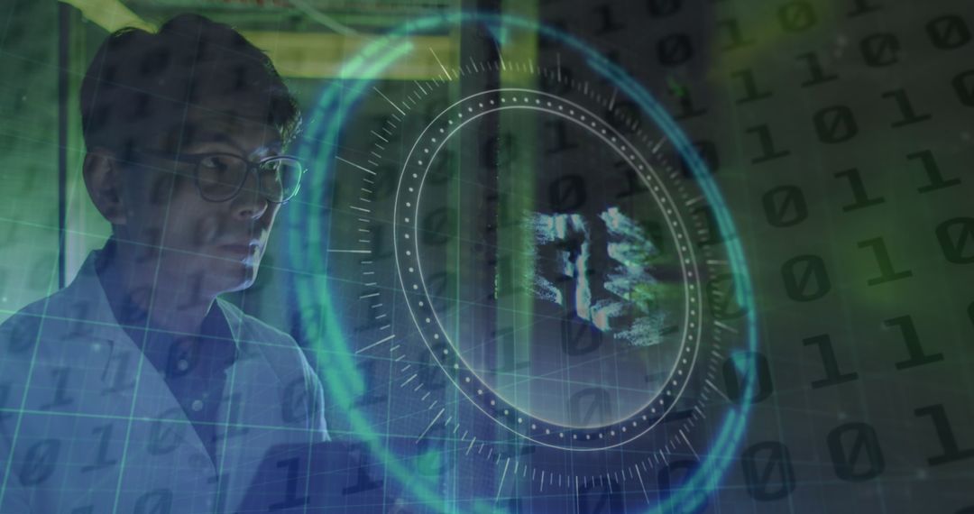 IT Engineer Analyzing Data with Futuristic Interface Background