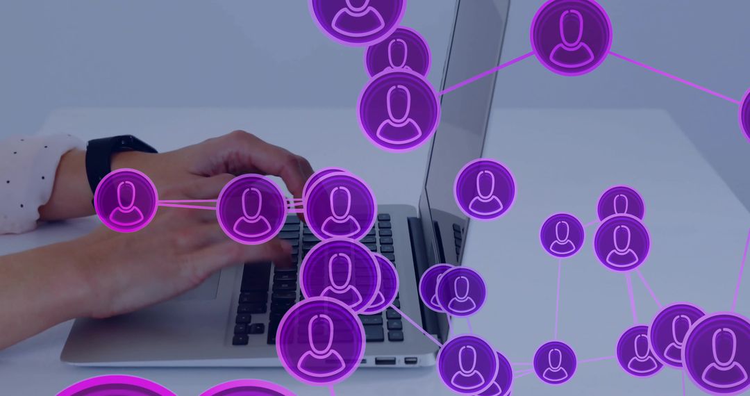 Woman typing on laptop with smartwatch and floating purple network icons for remote work