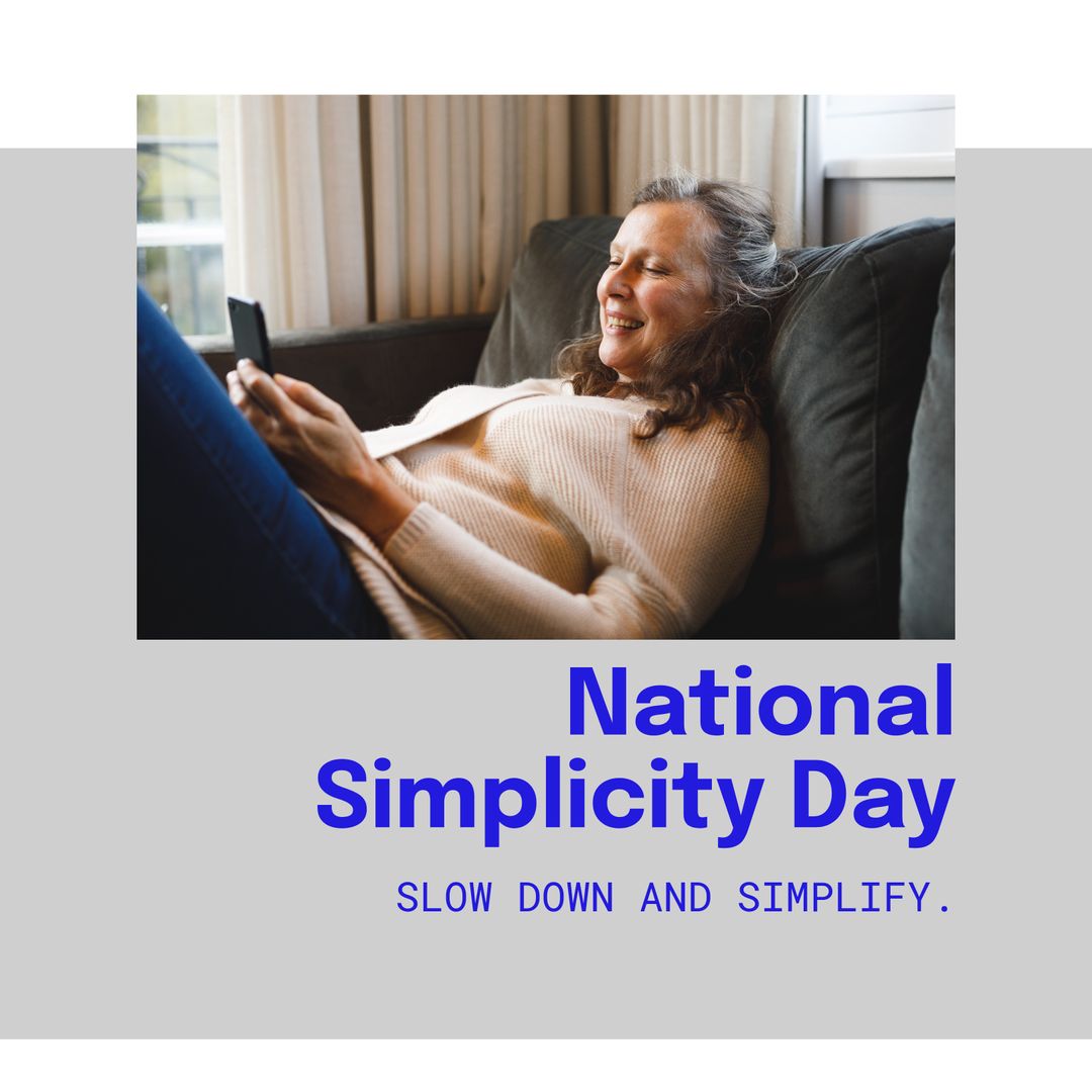 Simplicity Day Celebration with Relaxed Woman Using Smartphone