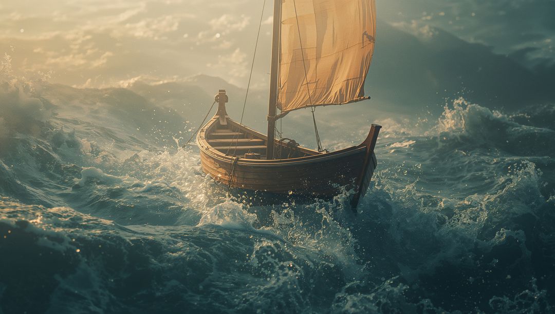 Wooden Sailboat Navigating Choppy Ocean Waves