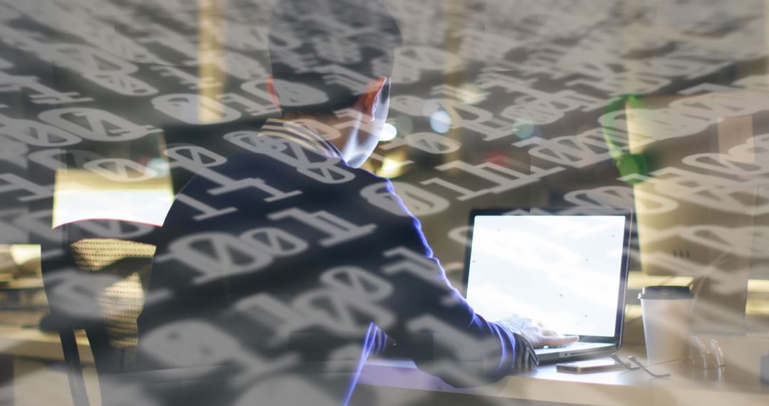 Rear View of Boy with Laptop Surrounded by Cyber Security Binary Codes