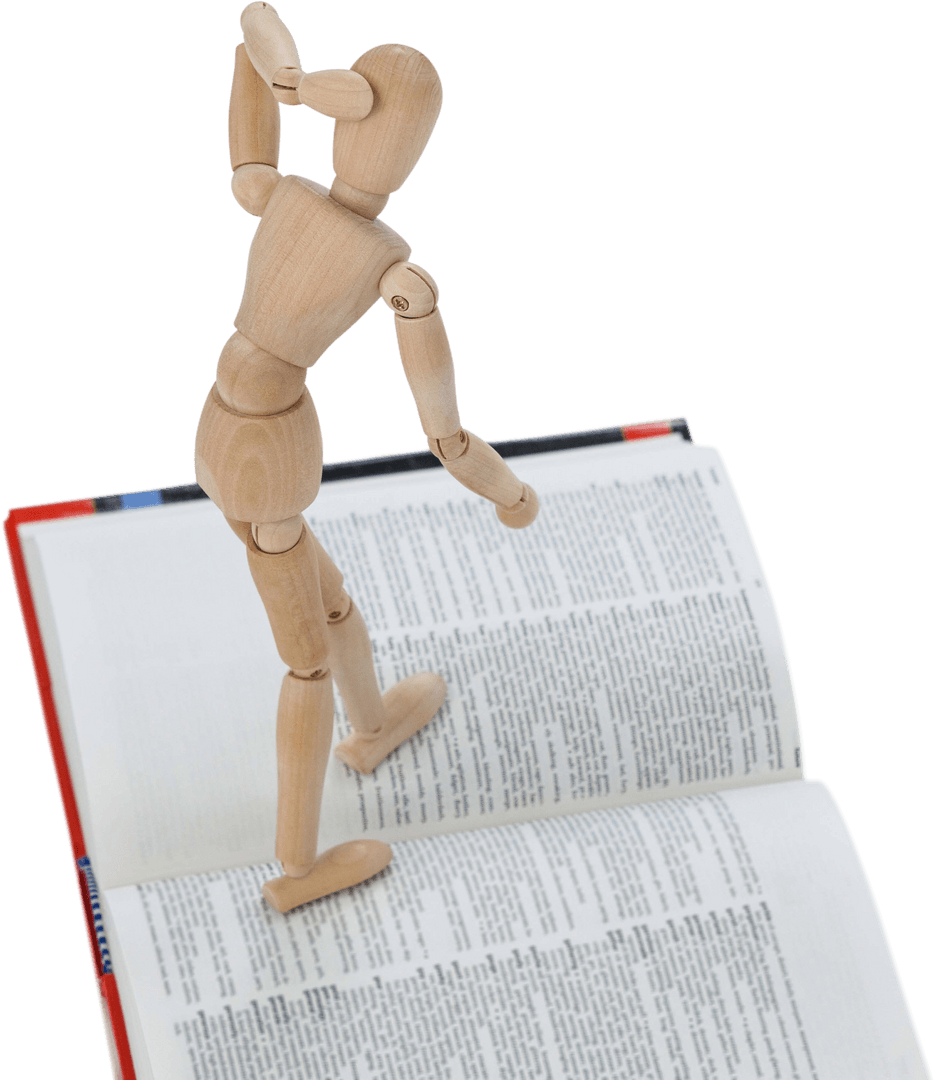 Wooden Figurine Pondering on Transparent Open Book