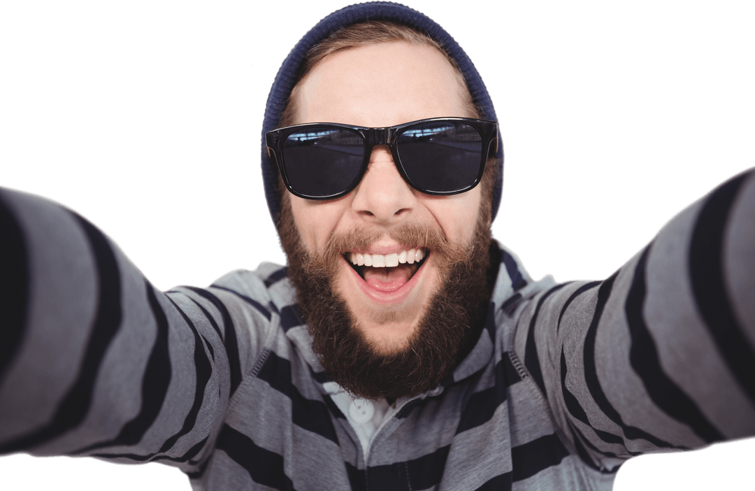 Excited Smiling Hipster in Transparent Background Wearing Sunglasses and Beanie