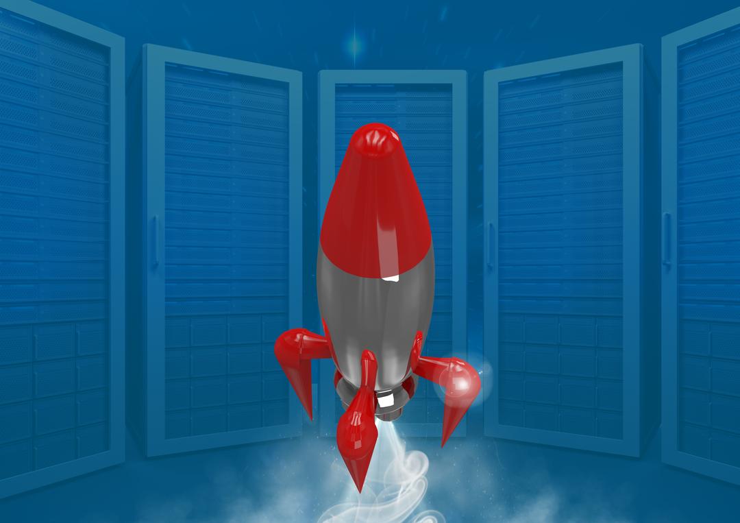 Digital 3D Rocket Launching Amidst Server Racks - Free Images, Stock Photos and Pictures on Pikwizard.com
