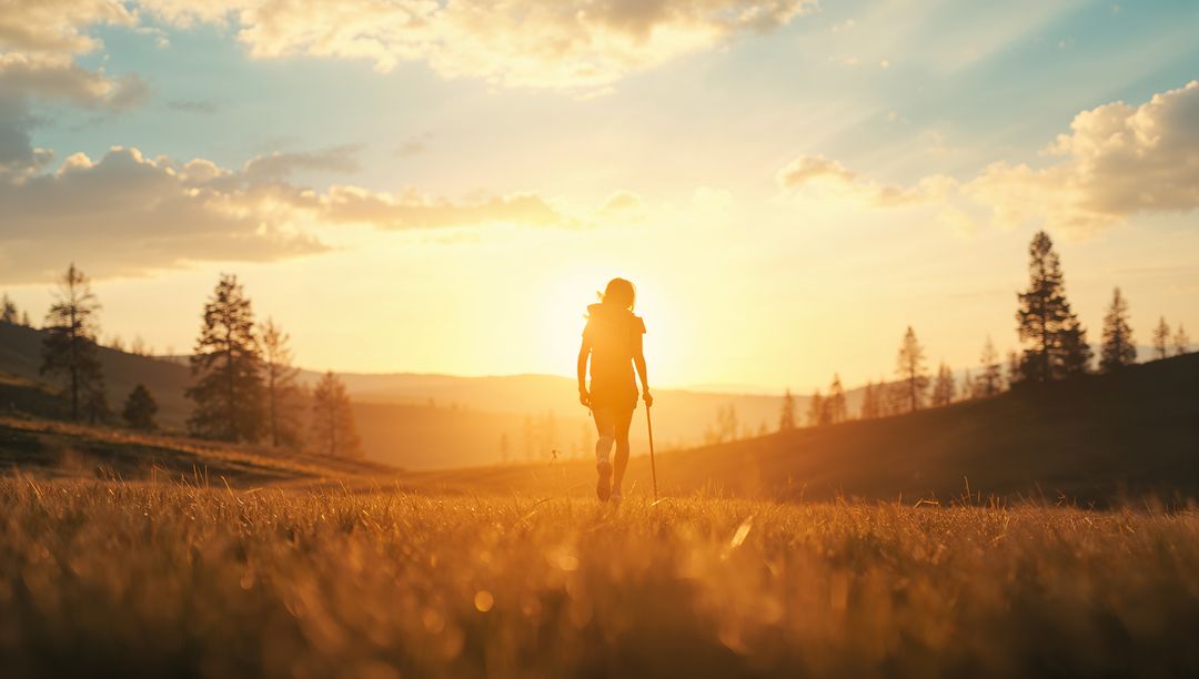 Solo hiker walking into golden sunset across mountain meadow with trekking pole