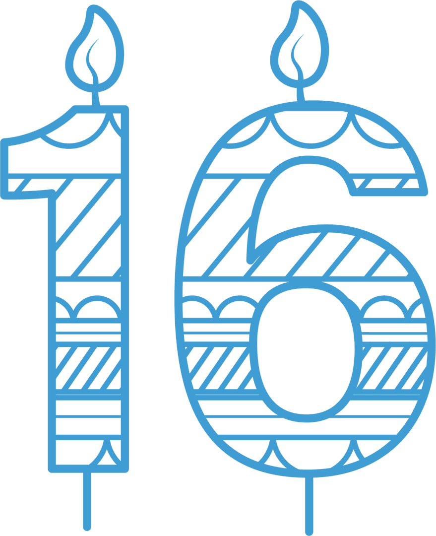 Blue Birthday Candles 16 with Flames Transparent Background