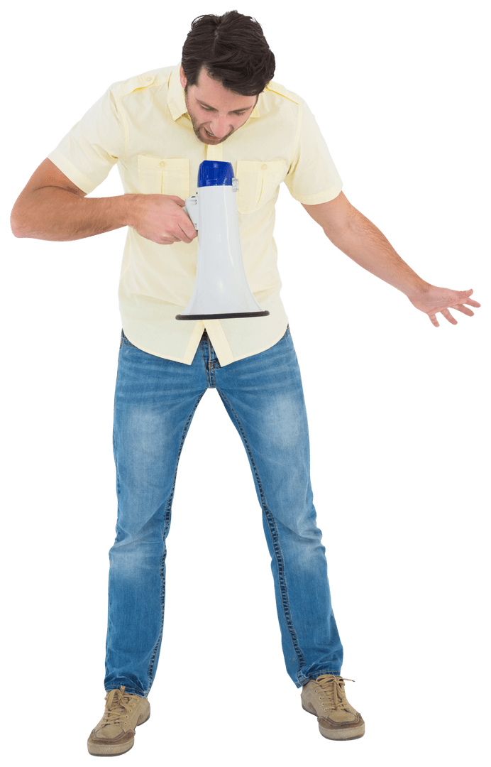 Transparent Man Communicating Through a Megaphone Full Length