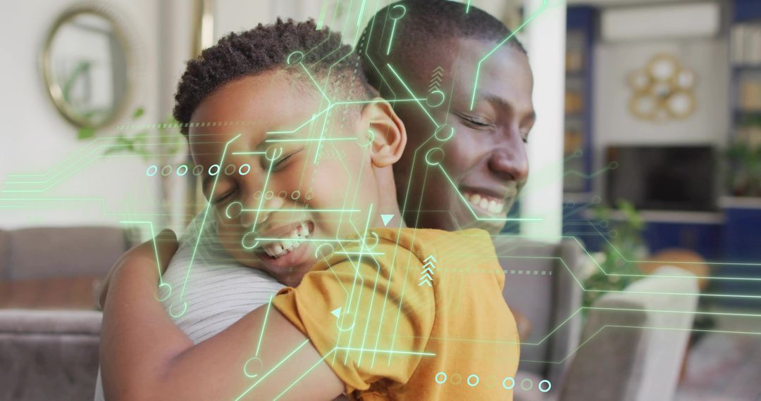 Father and child hugging on sofa with AR circuit overlay blending warmth and technology