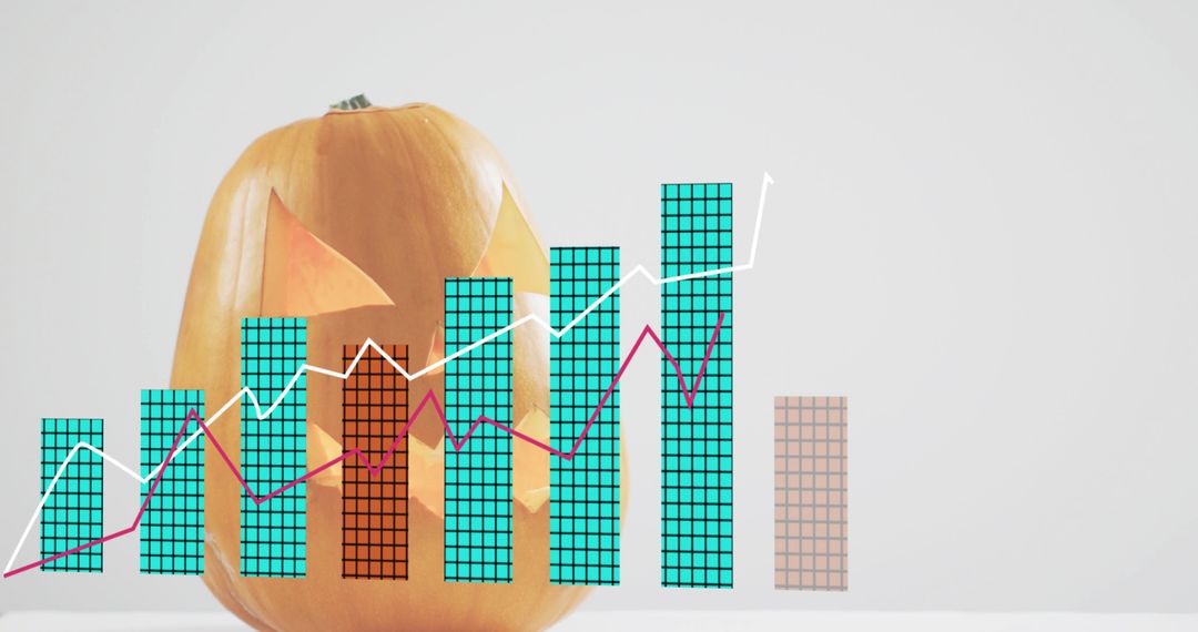 Carved pumpkin combining infographic bar chart and trend lines on minimalist background