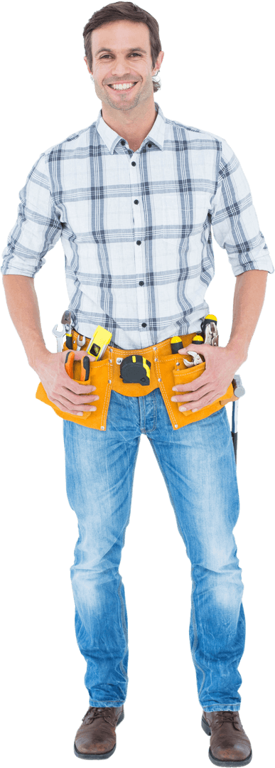 Smiling Repairman Standing with Tool Belt Transparent Background