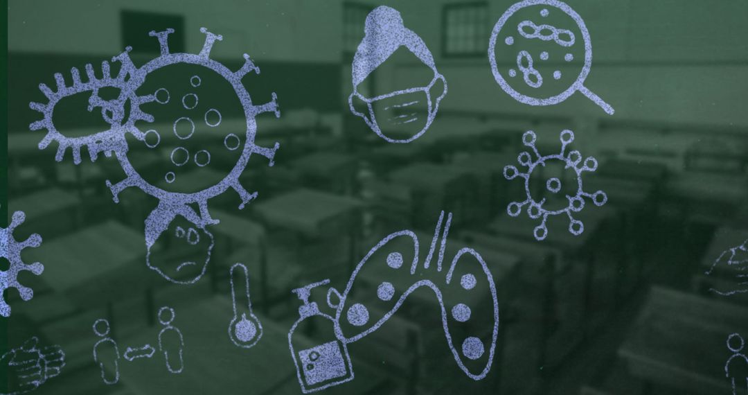 COVID-19 Icons Overlaying Empty Classroom Concept