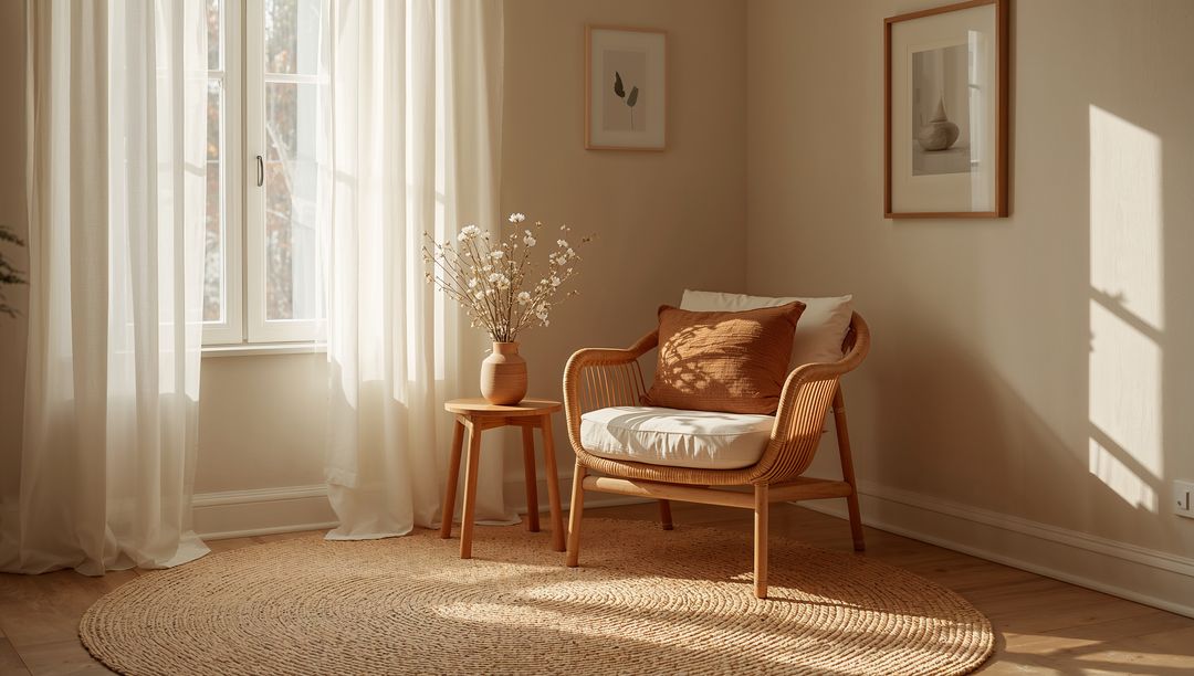 Soaking rattan armchair creating cozy sunlit reading nook with rust cushion and jute rug
