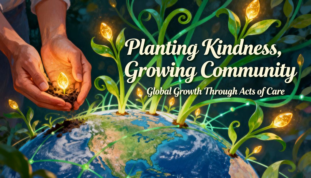 Planting Kindness, Growing Community — Hands Nurturing Glowing Seedlings Across Earth