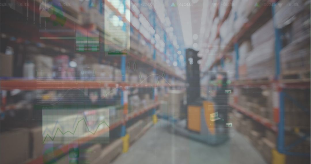 Futuristic Warehouse Automation with Digital Data Interface Overlay