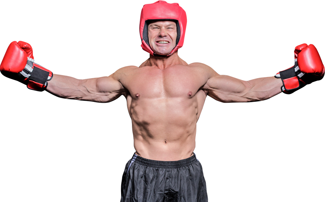 Triumphant Muscular Boxer Standing Outstretched Arms on White Background - Download Free Stock Images Pikwizard.com