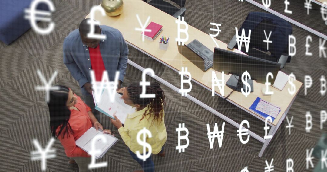 Diverse Team Discussing Finance with Currency Symbol Overlay in Office