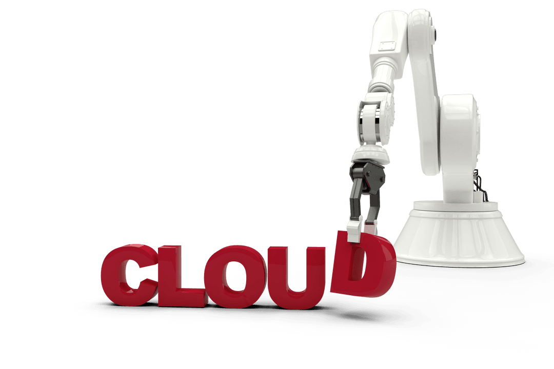Robotic Arm Holding Red Cloud Text on Transparent Background