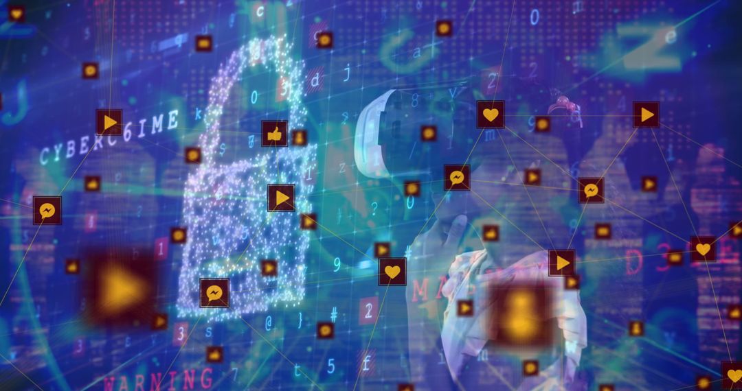 Person Uses VR Headset in Cybersecurity-themed Digital Realm