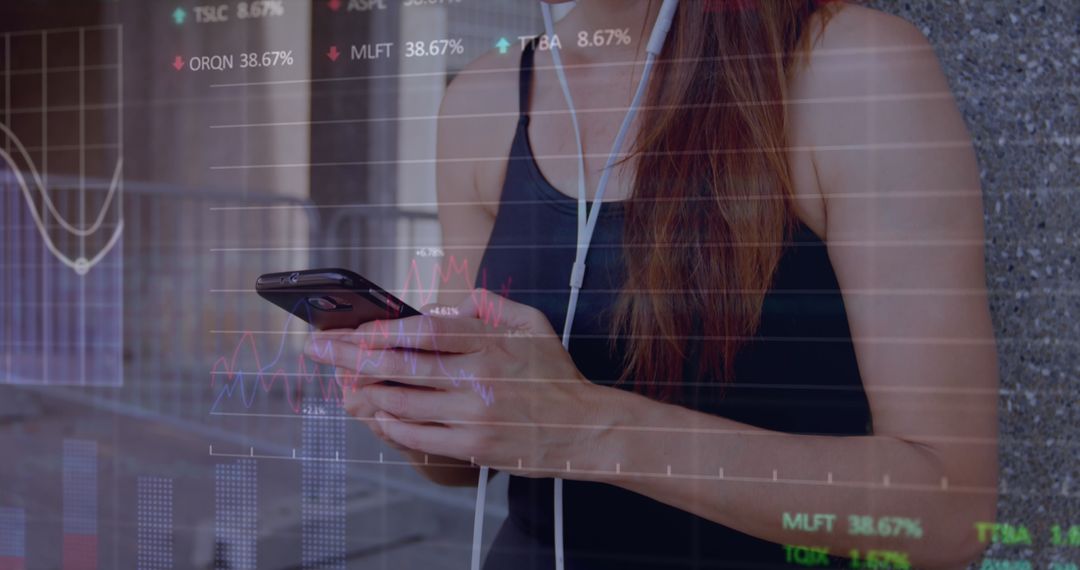 Woman Using Smartphone with Stock Market Graphs Overlay