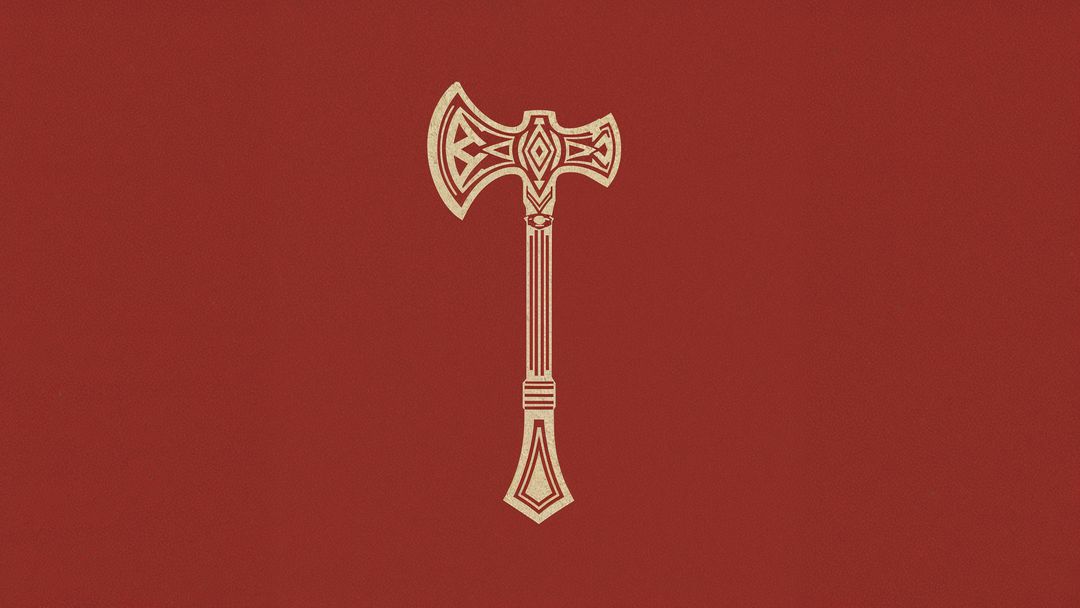 Ornate Decorative Axe Design on Deep Red Background