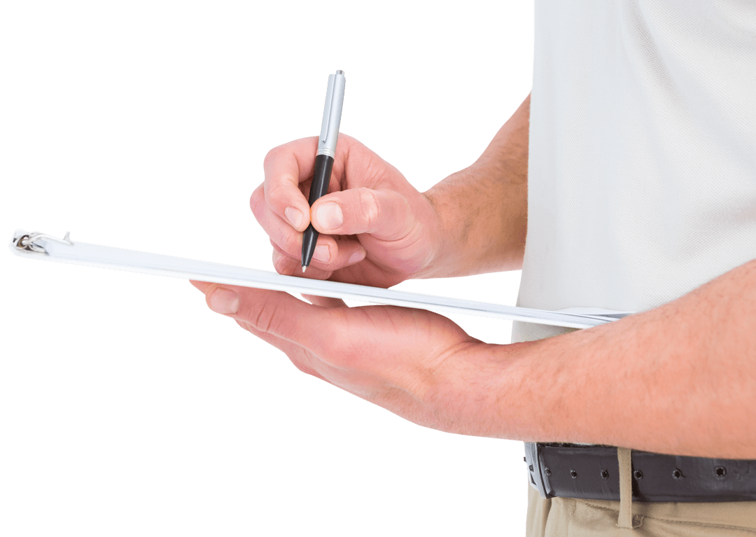 Transparent Focus Man Writing Clipboard Delivery Concept