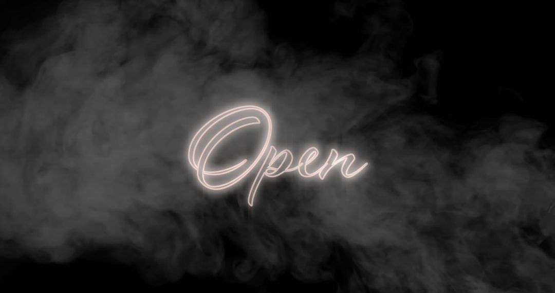 Neon Open Sign with Swirling Smoke on Dark Background