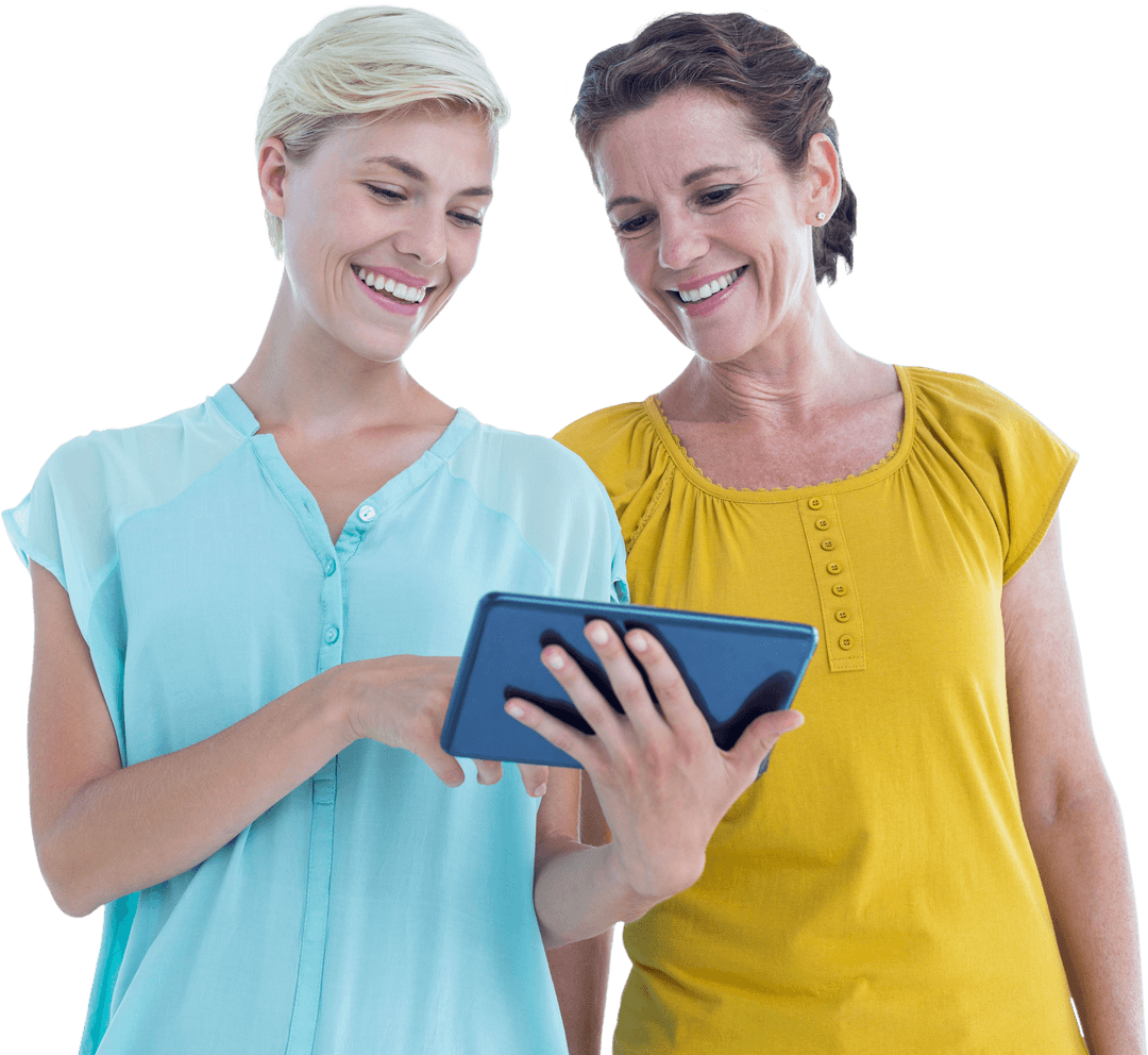 Two Smiling Caucasian Women Using Tablet on Transparent Background