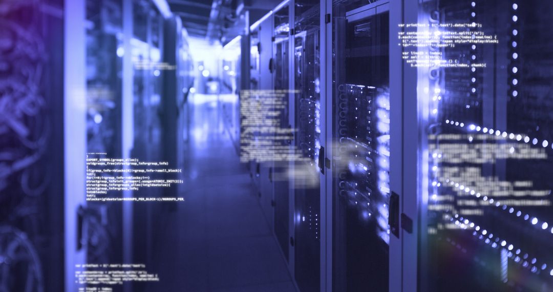 Digital Data Flow in Server Room with Glowing Lights